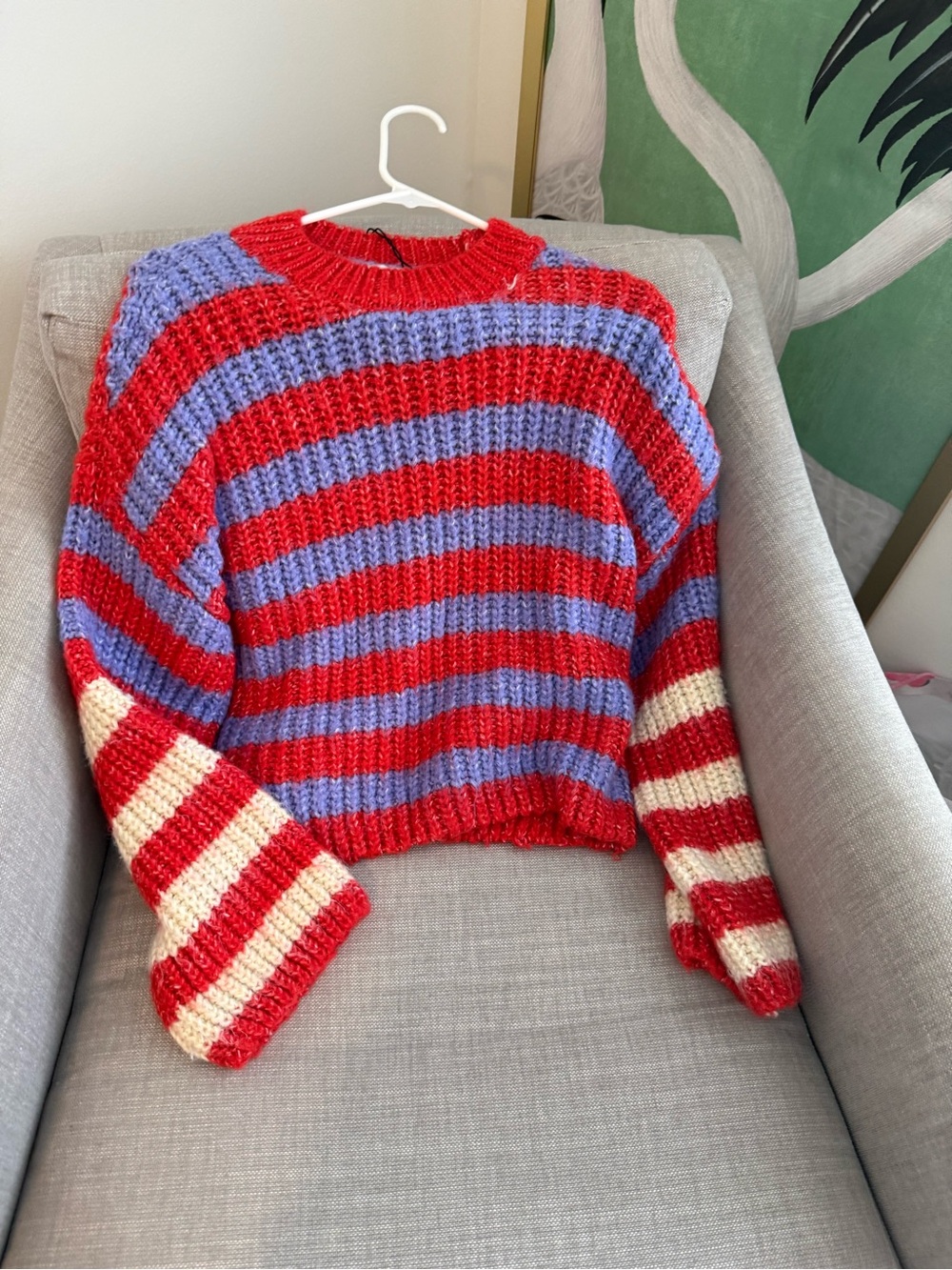 Zara Striped Red & Lavender Cropped Knit Sweater